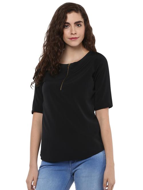 zipper detail round neck top - 15867997 - Very Small Image - 1