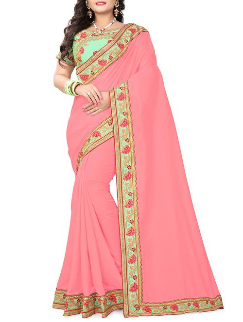 floral embroidered border pink saree with blouse - 15868252 - Very Small Image - 1