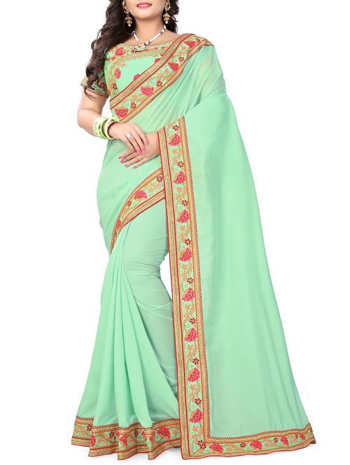 floral embroidered border pista green saree with blouse - 15868254 - Very Small Image - 1