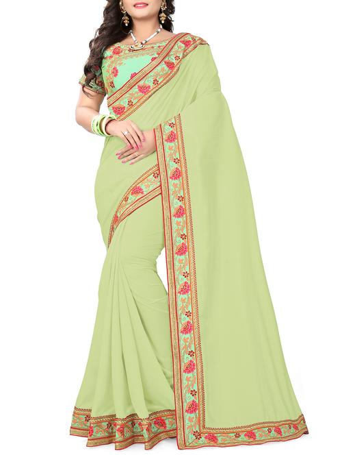 floral embroidered border mehandi green saree with blouse - 15868256 - Very Small Image - 1