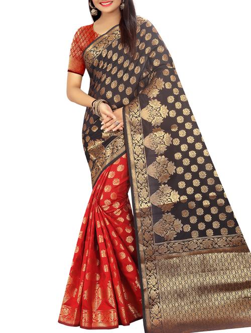 half and half floral zari banarasi saree with blouse - 15870139 - Very Small Image - 1