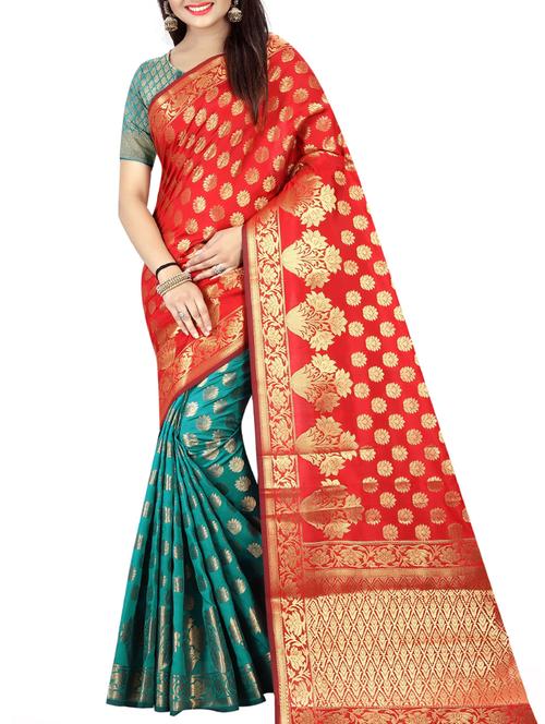 half and half floral zari banarasi saree with blouse - 15870141 - Very Small Image - 1