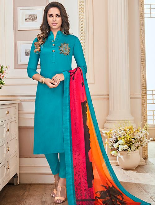 embroidered solid straight pant suit - 15870434 - Very Small Image - 1