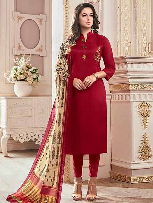 embroidered solid straight pant suit - 15870435 - Very Small Image - 1