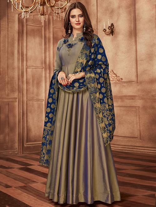 embroidered semi-stitched flared suit - 15870459 - Very Small Image - 1