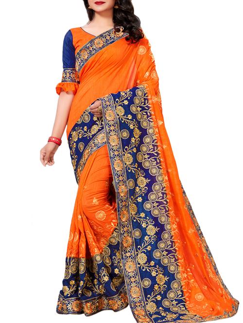 contrast border floral embroidered saree with blouse - 15870489 - Very Small Image - 1