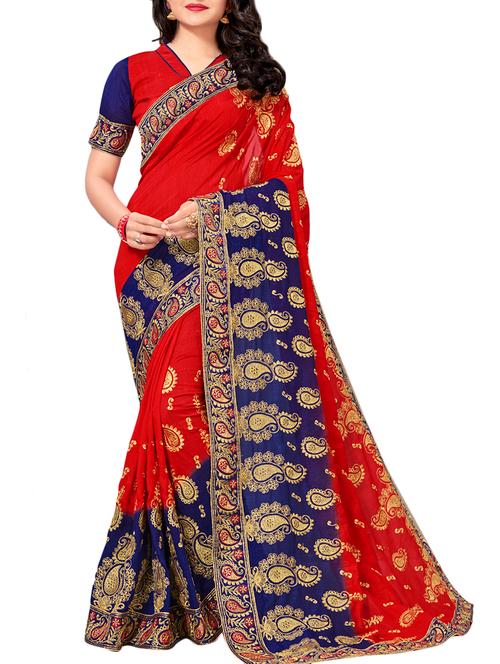 contrast border paisley embroidered saree with blouse - 15870492 - Very Small Image - 1