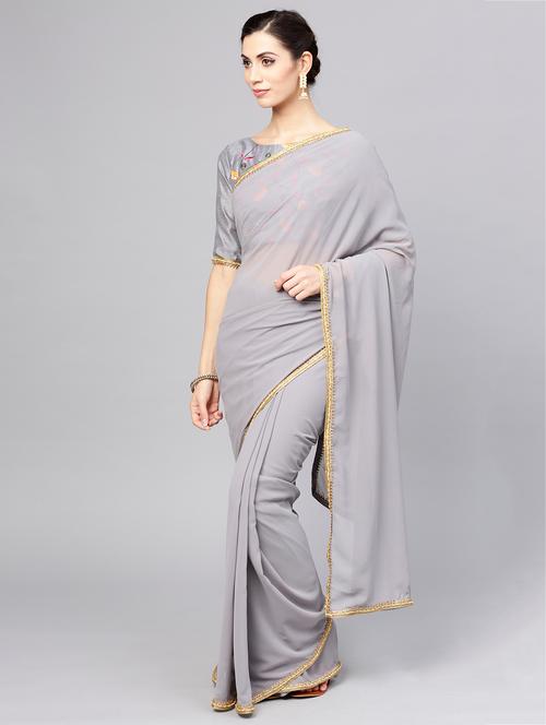 embroidered border grey saree with blouse - 15871344 - Very Small Image - 1