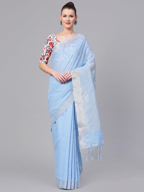 checkered sky blue linen handloom saree with blouse - 15871345 - Very Small Image - 1