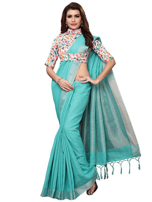 checkered turquoise linen handloom saree with blouse - 15871347 - Very Small Image - 1