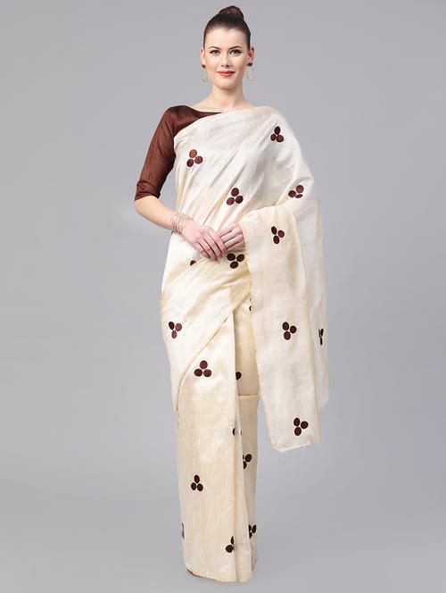 ivory floral embroidered saree with blouse - 15871353 - Very Small Image - 1