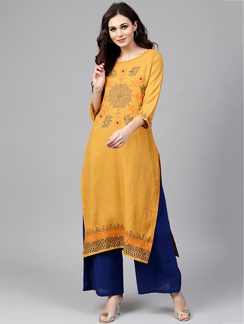 mustard embroidered straight kurta - 15871404 - Very Small Image - 1