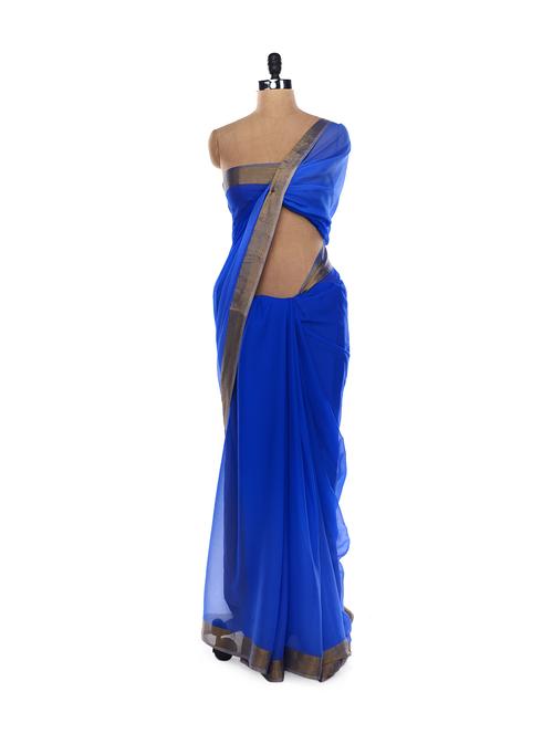 electric blue crochet saree - 15872 - Very Small Image - 1