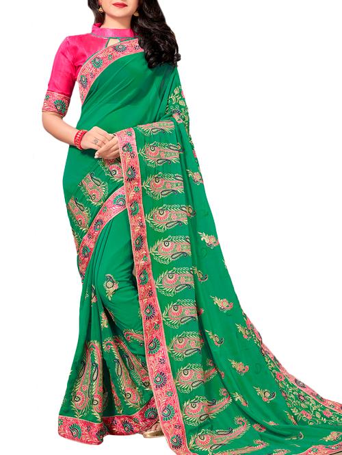 paisley green embroidered saree with blouse - 15873177 - Very Small Image - 1