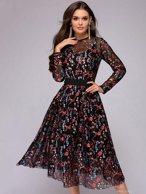 floral flared belted dress - 15873607 - Very Small Image - 1