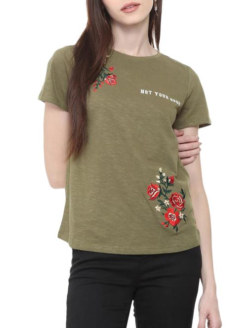 olive embroidered slogan print tee - 15873929 - Very Small Image - 1