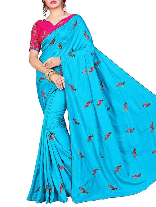 conversational embroidered turquoise saree with blouse - 15875235 - Very Small Image - 1