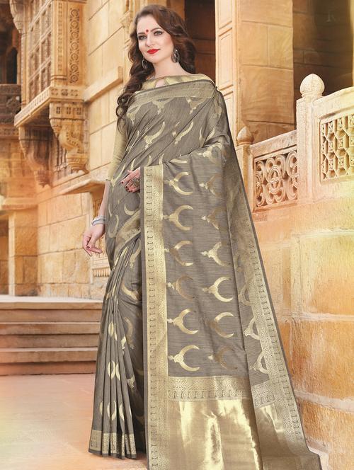 conversational zari motif grey banarasi saree with blouse - 15875517 - Very Small Image - 1