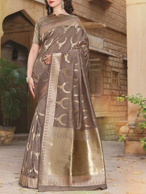 conversational zari motif brown banarasi saree with blouse - 15875521 - Very Small Image - 1