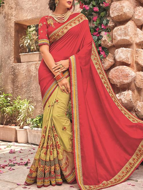 floral embroidered half & half red saree with blouse - 15875525 - Very Small Image - 1
