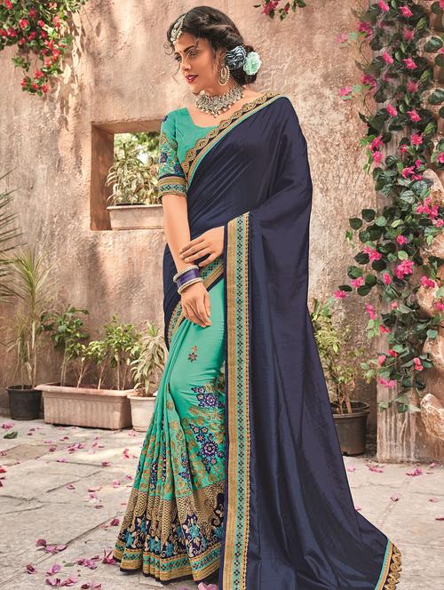 floral embroidered navy blue half & half saree with blouse - 15875528 - Very Small Image - 1