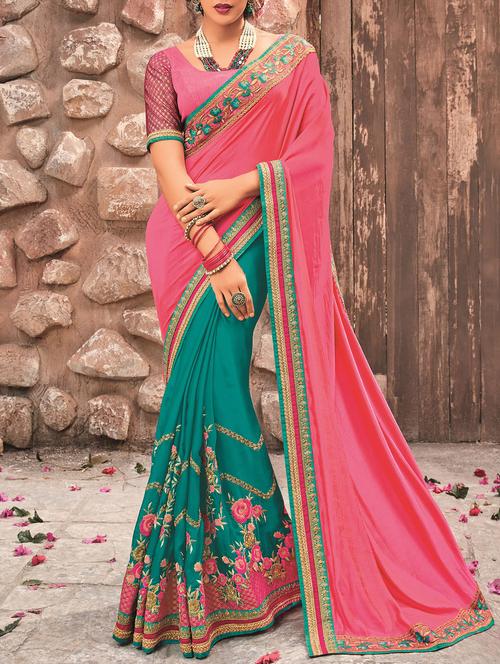 floral embroidered half & half pink saree with blouse - 15875529 - Very Small Image - 1