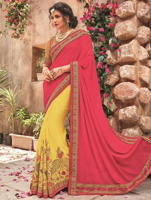floral embroidered pink half & half saree with blouse - 15875531 - Very Small Image - 1