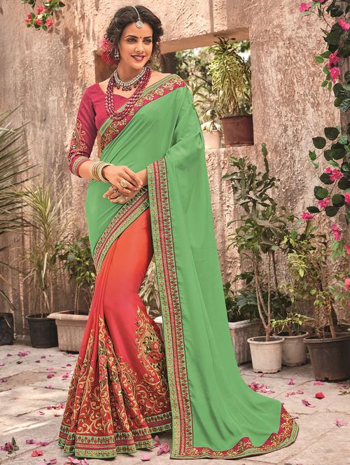 floral embroidered mint green half & half saree with blouse - 15875533 - Very Small Image - 1