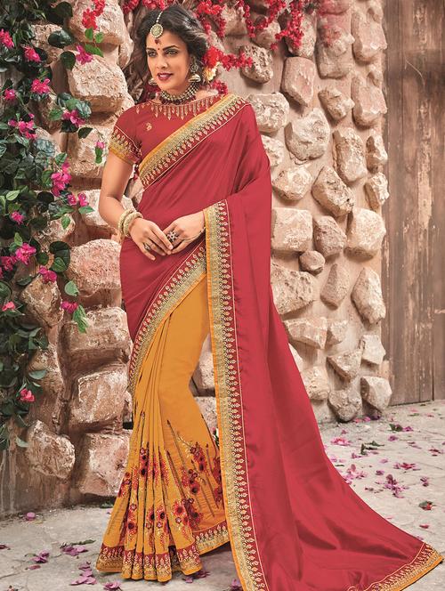 floral embroidered red half & half saree with blouse - 15875534 - Very Small Image - 1