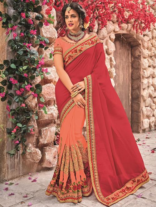 floral embroidered red half & half saree with blouse - 15875536 - Very Small Image - 1