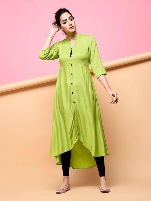 lime high low solid kurta - 15875962 - Very Small Image - 1
