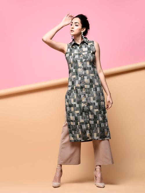 checkered shirt collar straight kurta - 15875968 - Very Small Image - 1