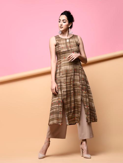 checkered double slit a-line kurta - 15875972 - Very Small Image - 1