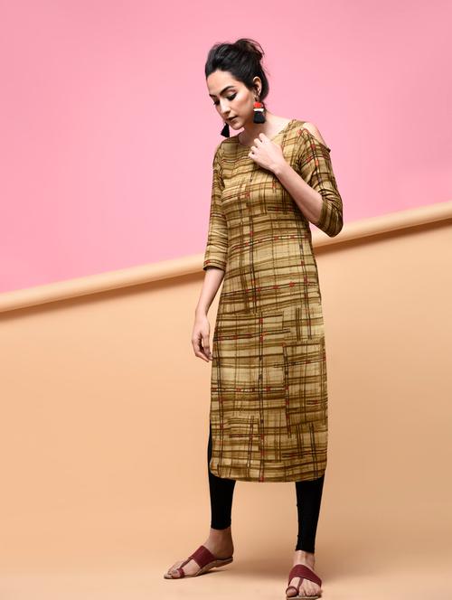 checkered cold shoulder straight kurta - 15875973 - Very Small Image - 1