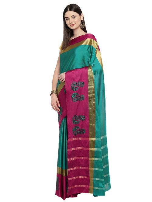 contrast zari border turquoise woven saree with blouse - 15876952 - Very Small Image - 1