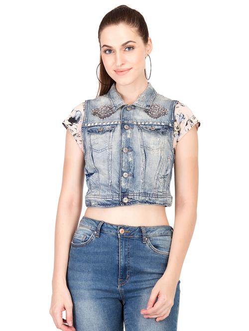 embellished cropped denim jacket - 15878614 - Very Small Image - 1