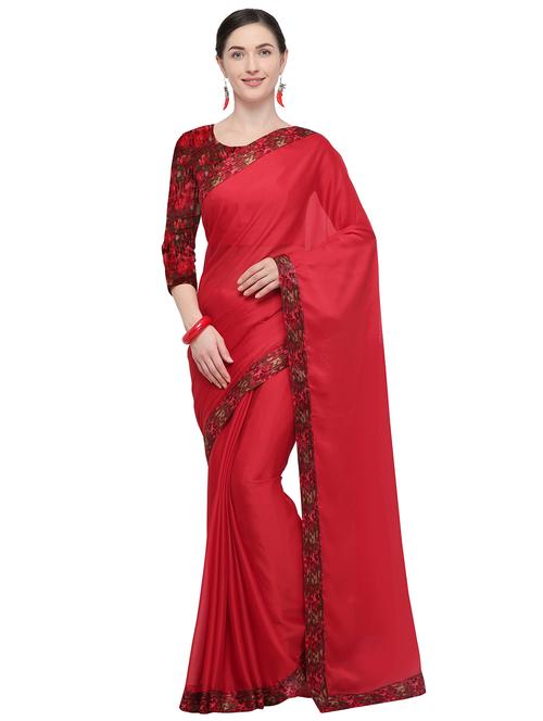printed border red saree with blouse - 15878872 - Very Small Image - 1