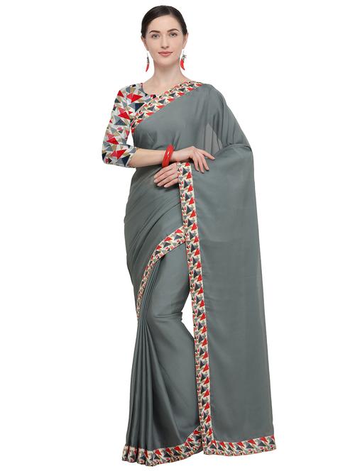 printed border grey saree with blouse - 15878878 - Very Small Image - 1