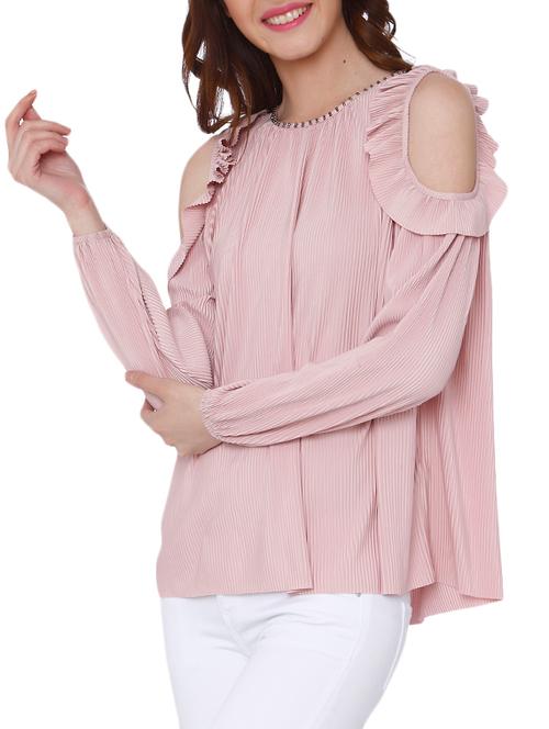 frill trim cold shoulder pleated top - 15878946 - Very Small Image - 1