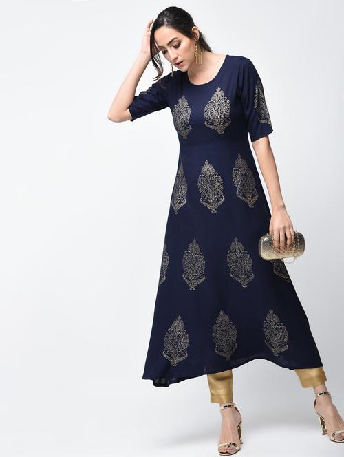 flared block print kurta - 15879121 - Very Small Image - 1