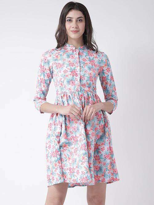 floral band collar flared dress - 15879479 - Very Small Image - 1
