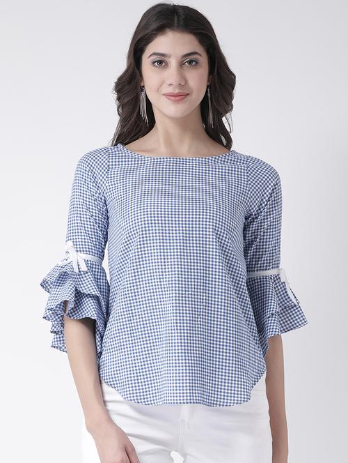 checkered bow detail bell sleeved top - 15879506 - Very Small Image - 1
