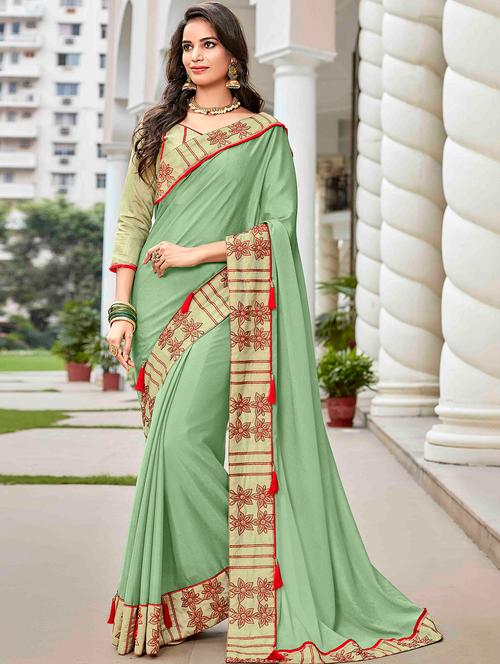embroidered border solid saree with blouse - 15881468 - Very Small Image - 1