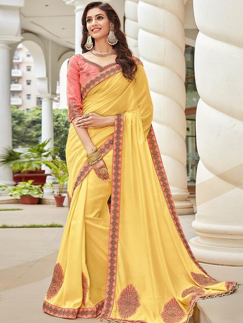embroidered border solid saree with blouse - 15881469 - Very Small Image - 1
