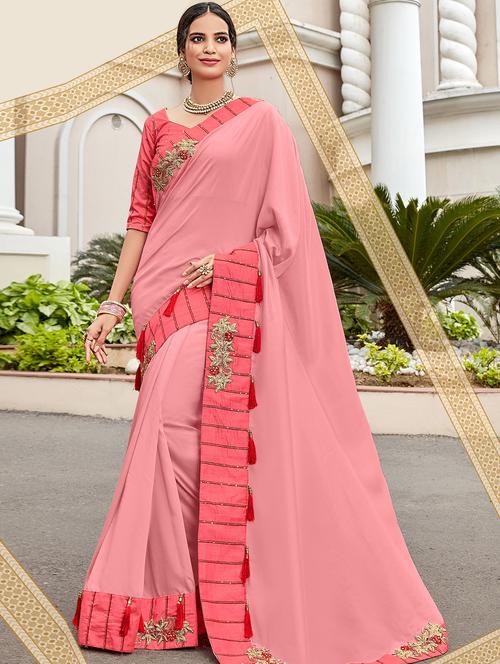 embroidered border solid saree with blouse - 15881474 - Very Small Image - 1