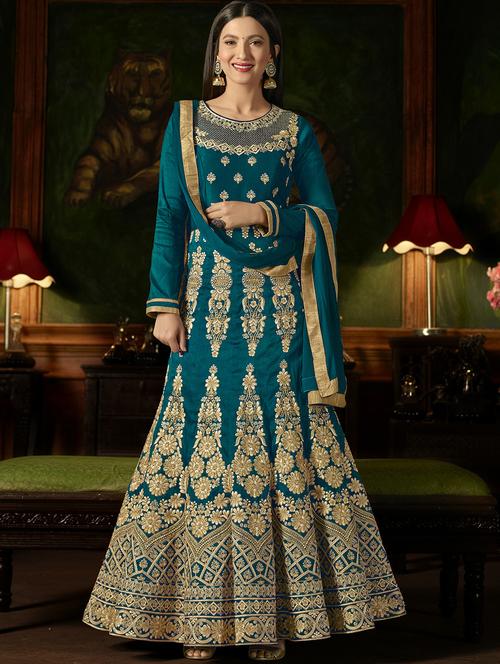 embroidered semi-stitched anarkali suit - 15881881 - Very Small Image - 1