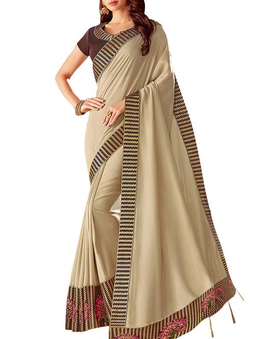 embroidered border solid saree with blouse - 15882575 - Very Small Image - 1