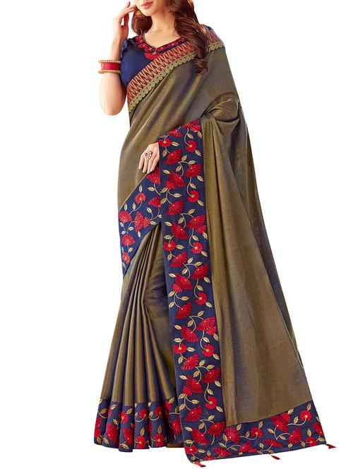 embroidered border solid saree with blouse - 15882576 - Very Small Image - 1