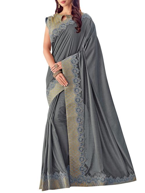 embroidered border solid saree with blouse - 15882580 - Very Small Image - 1