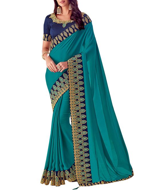 embroidered border solid saree with blouse - 15882581 - Very Small Image - 1